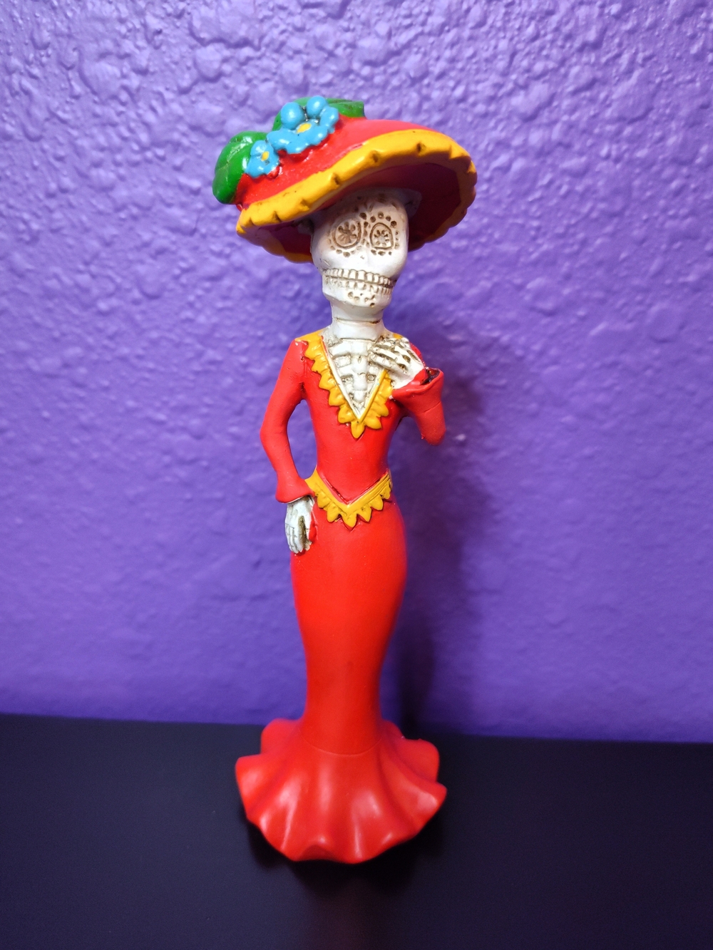 Day of the Dead Red Skeleton Lady Figurine with Colorful Hat